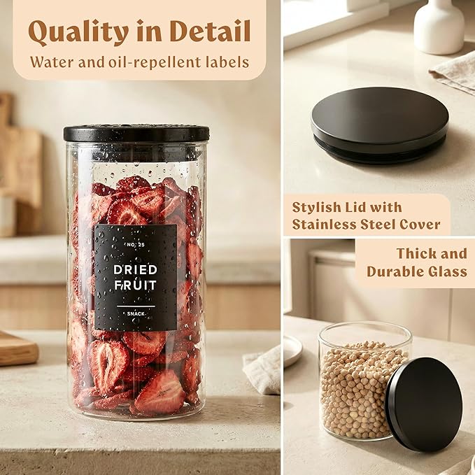 EDELHAUS Glass Storage Containers with Black Lids [4x40oz] Extra Thick Glas with 54 Labels - Canister For Pantry Noodles Flour Cereal Rice Sugar Tea Coffee Beans - Round Set