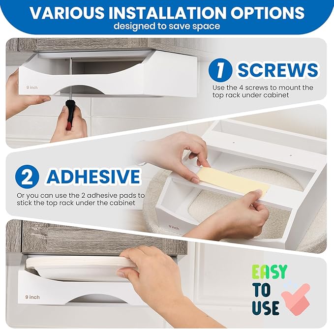 9-inch Paper Plate Dispenser Under Cabinet, Bamboo Paper Plate Holders, Kitchen Counter Vertical Plate Dispensers Holders Countertop Caddy(For 9-inch Plates, White)