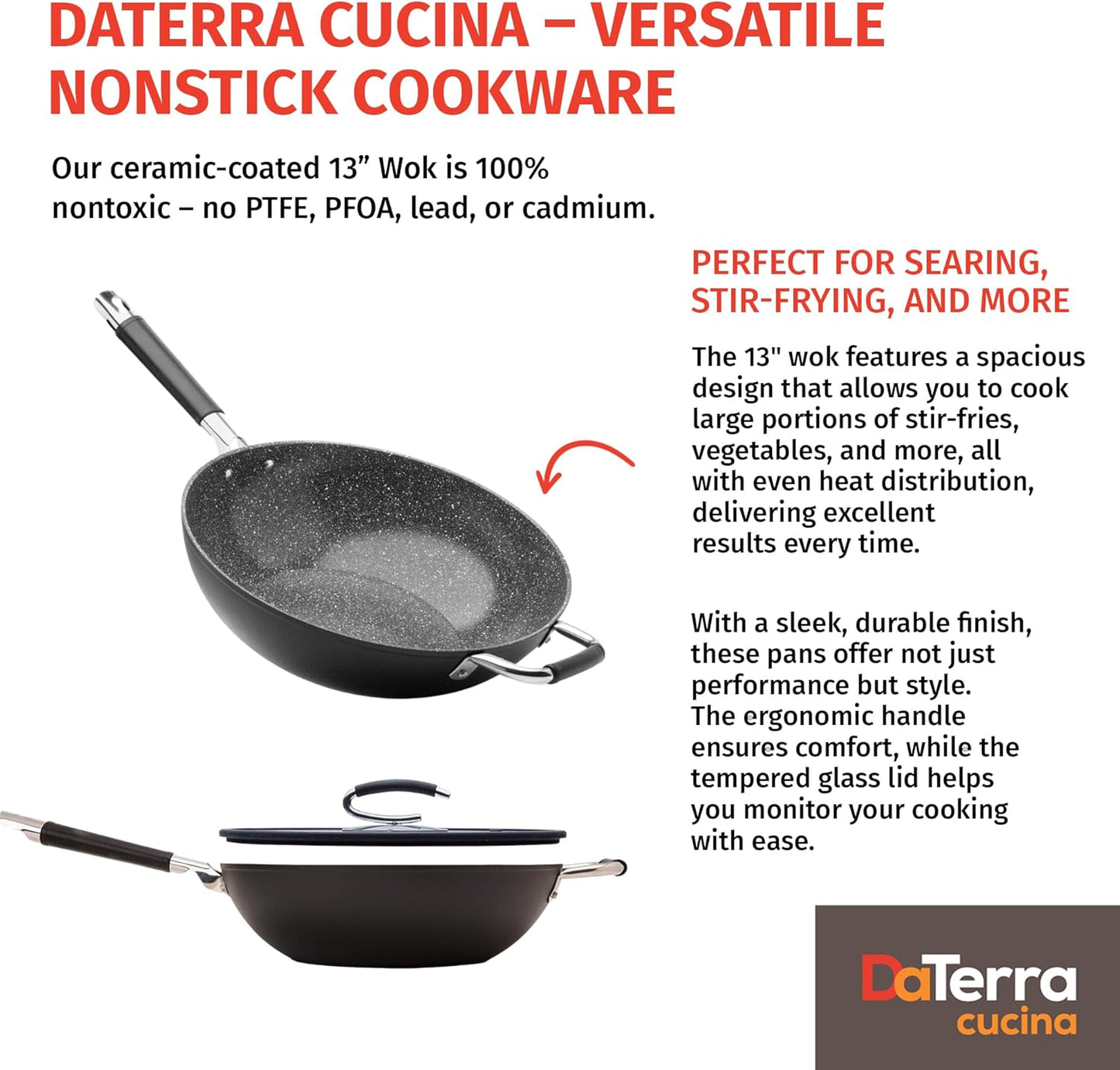 DaTerra Cucina - 13" Nonstick Ceramic Wok with Lid - Made in Italy - High Heat Resistant Nonstick Cookware - Oven Safe, PTFE, Cadmium, Lead & PFOA free - Volcanic Black Speckled