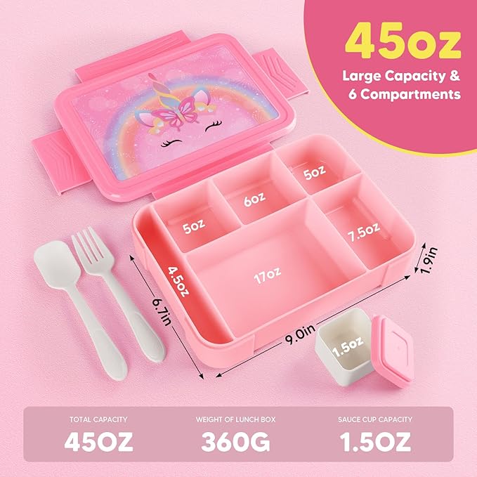 JYPS Bento Box for Kids,Leak-Proof Kids Lunch Box with 6 Compartments,Sauce Container,Utensils,BPA Free Microwave/Dishwasher Safe Lunch Container for Girls and Toddlers Back to School-Pink K