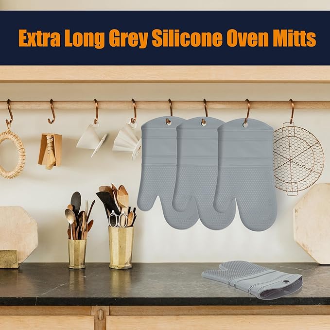 1 Pair Oven Mitts,Silicone Oven Mitts,Long Cooking Gloves,Heat Resistant Oven Gloves Grill BBQ Gloves,Kitchen Home Essentials,12.9"*7.48" Grey Mitt