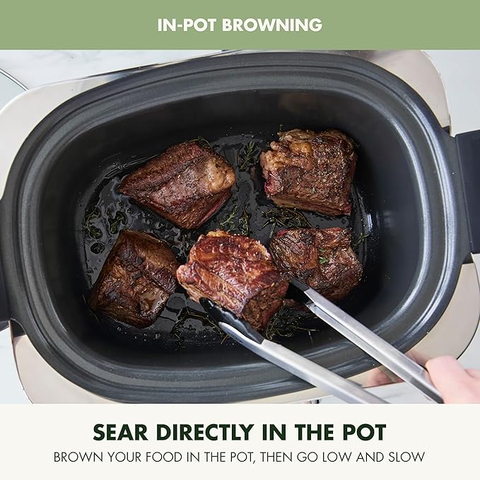 GreenPan Elite 14-in-1 Nonstick 6QT Electric Slow Cooker, PFAS-Free Ceramic Multi-Cooker, In-Pot Browning, Dishwasher Safe Lid & Removable Crock, Stainless Steel Steamer, Silicone Handles, Sage Green