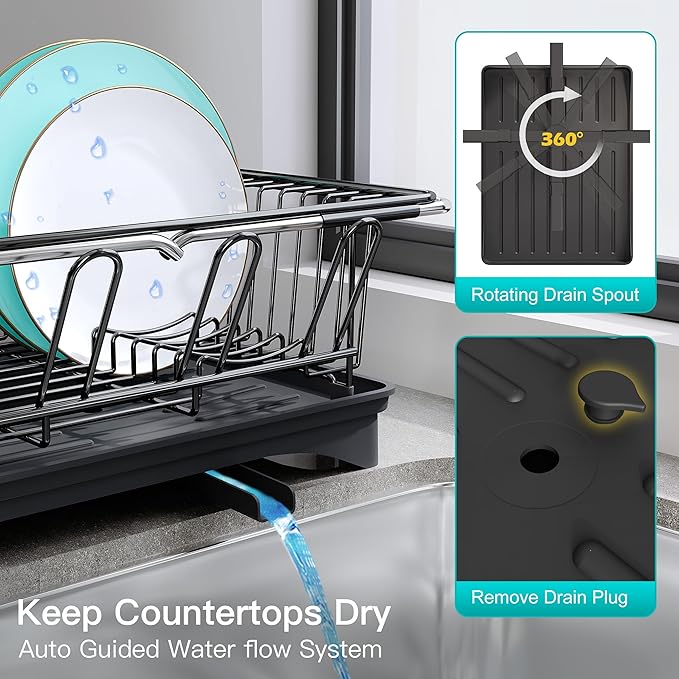 JASIWAY Dish Drying Rack in Sink, Expandable Stainless Steel Dish Drainers for Kitchen Counter, Space Saving Dish Dryer Rack with Drainboard, Over The Sink Dish Racks with Utensil Holder, Black