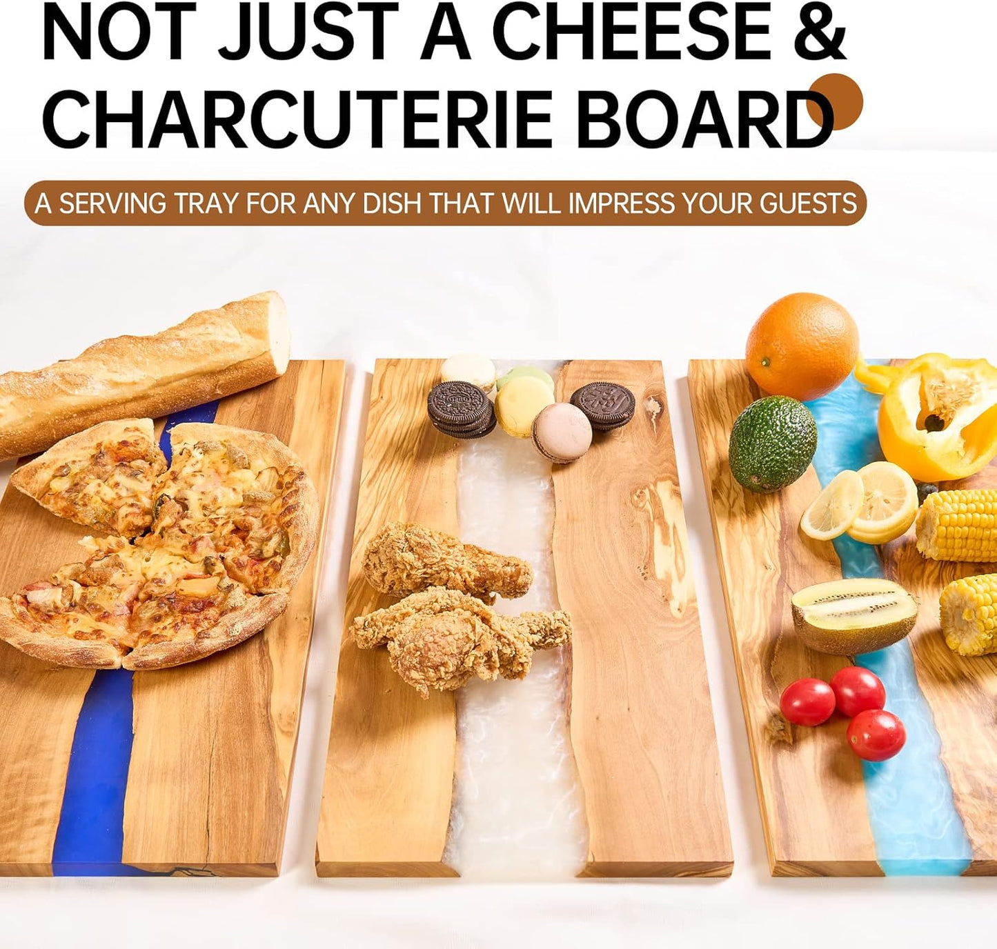 Italian Olive Wood luxury Cheese board with Resin, Charcuterie board, Chopping and Cutting Board for Meat Vegetable & Fruit, Wooden Epoxy Serving Board (White)