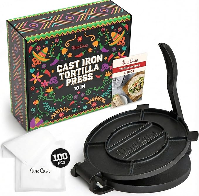 Uno Casa Cast Iron Tortilla Press 10 Inch - Tortilla Maker Press, Pre-Seasoned Roti Maker with 100 Pcs Parchment Paper - Heavy Duty Quesadilla Maker for Homemade Flatbreads, Rotis, Empanadas