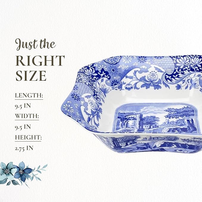 Spode Blue Italian 9.5-Inch Serving Bowl - Elegant Porcelain Tableware for Vegetables, Main Dishes, Entrees, Sides, Salads - Mix & Match Blue Patterned Rim with Dinnerware Sets, Great for Hosting