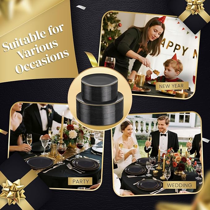 KIRE 200Pcs Black Plastic Plates - Black Plates Disposable for Party - Include 100 for Dinner and 100 for Dessert for Birthday/Wedding/New Year