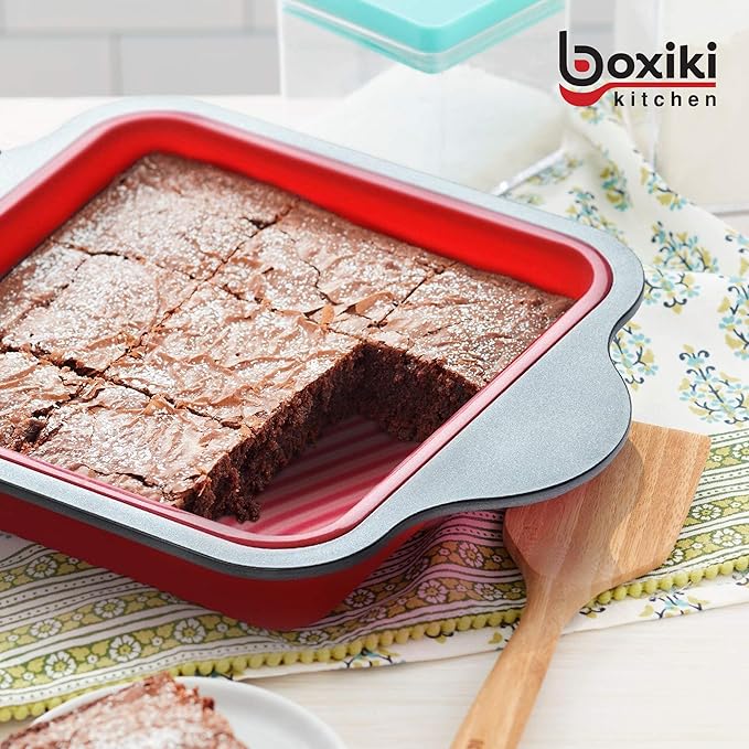 Baking Duo: Non-Stick Steel Jumbo 6 Cup Muffin Pan with Silicone Handles & Reusable Liners and 8x8 Inch Silicone Square Cake & Brownie Pan with Steel Frame Handles.