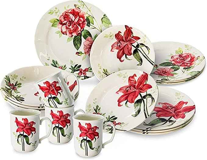 Tudor Royal 16-Piece Round Porcelain Dinnerware Set, Service for 4, Rosemary, Summer Flowers, Plates Bowls Dishes, Glossy, Premium Quality Dish Set, Unique Pattern