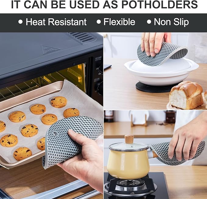 Silicone Trivet Mats, 4 Pack Hot Pads Pot Holders for Kitchen, Heat Resistant Non-Slip Trivets for Hot Dishes, Hot Pots and Pans, Countertop, Table, Food Grade Silicone & BPA Free, Gray