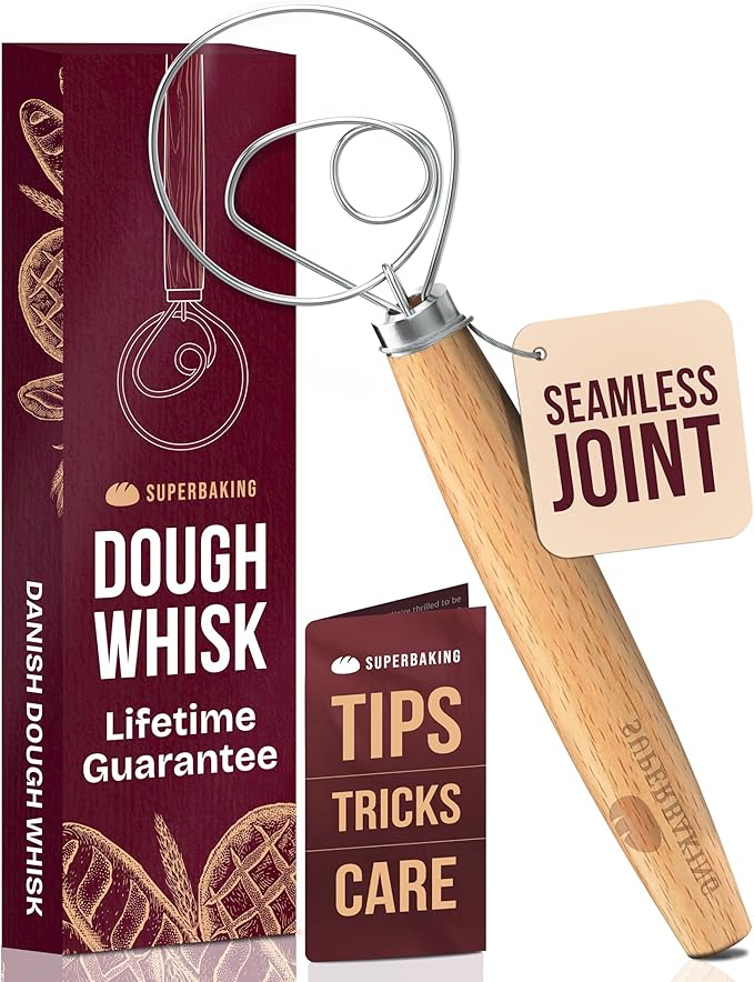 Superbaking Danish Dough Whisk - 12" Bread Whisk for Dough Mixing - Single Eye Design Sourdough Whisk - Sourdough Bread Baking Supplies - Bread Making Tools and Accessories - Ergonomic Wooden Handle