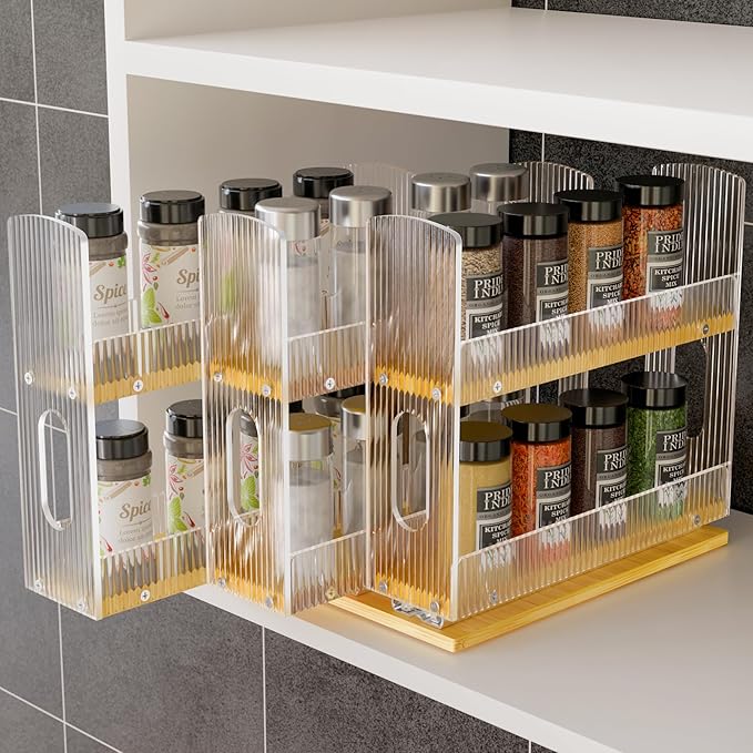 NiHome Bamboo Pull-Out Spice Rack Organizer for Cabinet, 3-Drawer Vertical Slide Out Seasoning Rack Storage Shelf for Kitchen Pantry, Bamboo Frame with Wave-Pattern Acrylic Divider (8.5” Wide, 2-Tier)