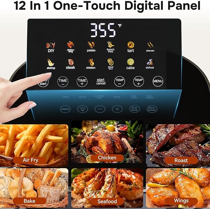 Simple Deluxe 12-in-1 Air Fryer 7.5 Qt, Digital Preset & DIY Function Airfryer with Visible Window, Nonstick and Dishwasher-Safe Basket, Chicken, Fries, Fish, Tart, Cake, DIY, Black