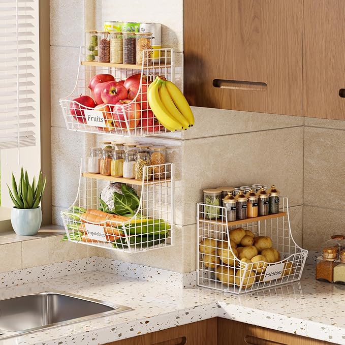3 Pack Hanging Fruit Basket for Kitchen with Wood Lid - Onion and Potato Storage Fruit Bowl with Nameplate for Counter&Wall Mounted, Stackable Storage Basket,11.81 * 8.66 * 10.63inch