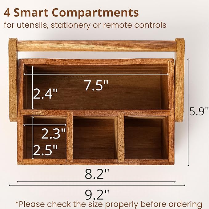 Utensil Caddy for Parties - Acacia Wood Silverware Caddy for Party Kitchen Countertop - Utensil Holder for Party Kitchen Counter - Cutlery Flatware Caddy Silverware Holder for Countertop Organizer