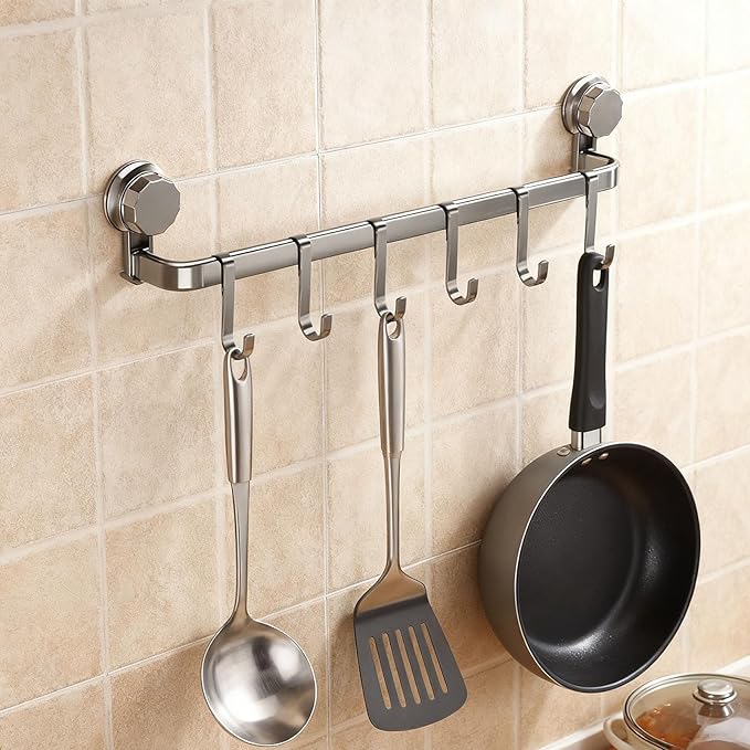 2026 Upgrad Wall Hooks Rack, Space Saving Utensil Holder for Kitchen Bathroom, No Drilling Wall Mounted Accessory Hanger, Kitchen Rail for Hanging Cooking Utensils Mugs Spoons (Grey_A)