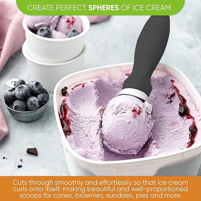 Spring Chef Gray Heavy Duty Ice Cream Scoop with Comfortable Soft Grip Handle, Dishwasher Safe Ice Cream Scooper, Professional Metal Kitchen Tool for Frozen Yogurt, Gelato, Sorbet, Sundae, Melon