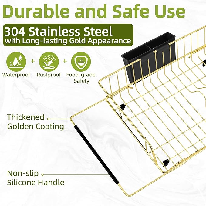 Golden Expandable Dish Drying Rack with Silicone Drying Mat-Extra Large Stainless Steel Dish Drainer Over The Sink with Utensil Holder, Applicable for Sink Width 16'-22' (Gold,23.2'*12.2')