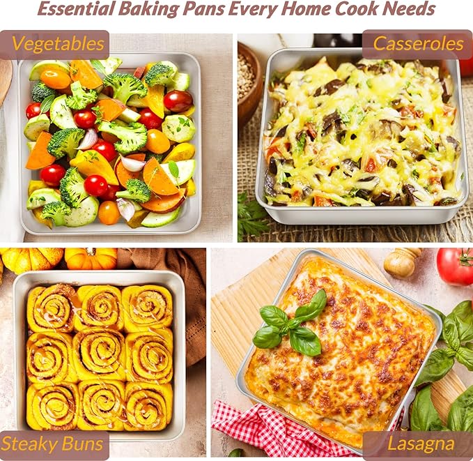 6/8/9-Inch Square Cake Pan Set, E-far Stainless Steel Square Baking Brownie Pans Metal Bakeware Set of 3, Non-toxic & Healthy, Easy Clean & Dishwasher Safe
