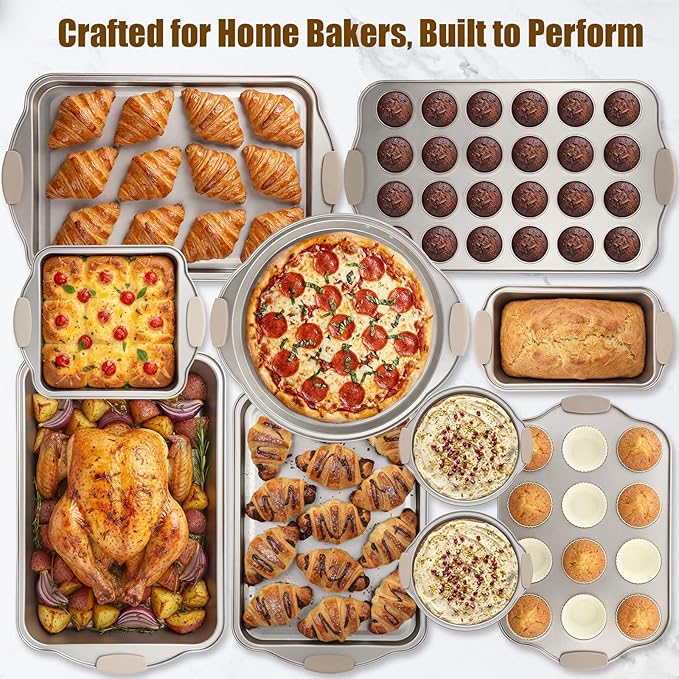 39 Pcs Nonstick Baking Pans Set Stackable Bakeware Set with Silicone Handles, 450°f Oven Safe Easy Release Baking Sheet Sets Cookie Sheets Sets for Cooking