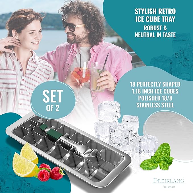 Stainless Steel Polished Set 2-Pack Ice Cube Tray for freezer Ice Cube Tray with Lever Insert |Easy Release with cold-insulated comfort grip | Food-Safe & Durable Ice Cube Maker
