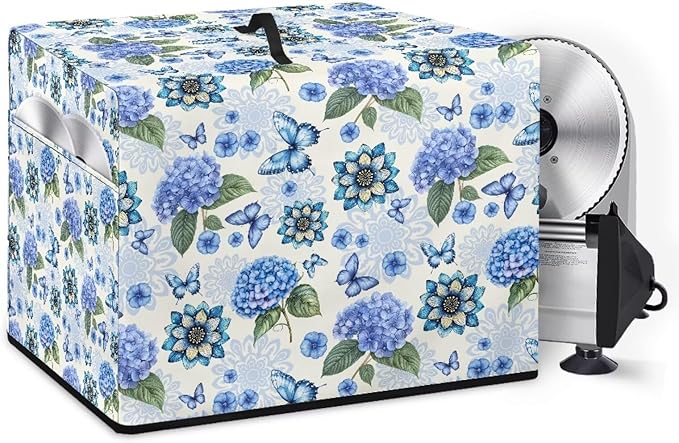 Food Slicer Cover Home Kitchen Electric Appliance Cover Waterproof Fabric Dust-Proof Durable Cheese Bread Meat Slicer Cover with Side Pocket and Top Handle, Blue Hydrangea Butterfly Print