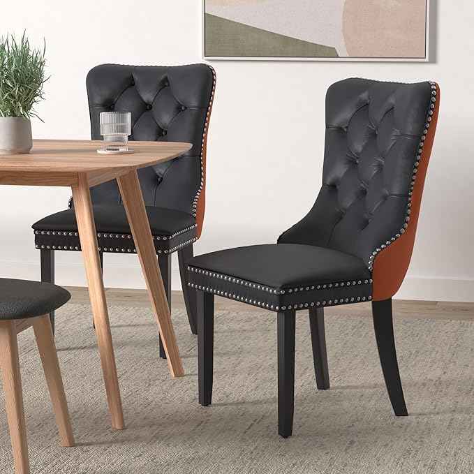 Dining Chairs Set of 4, Upholstered Dining Room Chairs with Back Ring Pull Trim and Solid Wooden Legs, Modern Tufted Kitchen Chairs Perfect for Dining Room, Black Pu Leather Splicing Orange Velvet