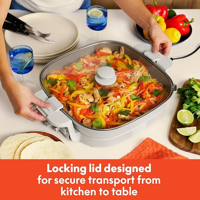 bella Make & Take XL Electric Skillet, Fits-anywhere™ kitchenware, EverGood™ Ceramic Coating, Adjustable Temperature & Dishwasher-Safe Tempered Glass Lid, Cast Aluminum Base, 1200 Watt, Oatmilk
