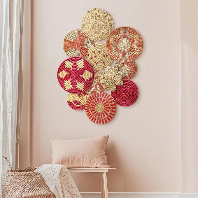 Tatuo 11 Pcs Boho Wall Basket Decor Bulrush Woven Wall Hanging Art Round Farmhouse Rustic Handmade Wicker for Summer Home, Bedroom, Living Room, Kitchen Decorations, Multi Sizes(Pink)