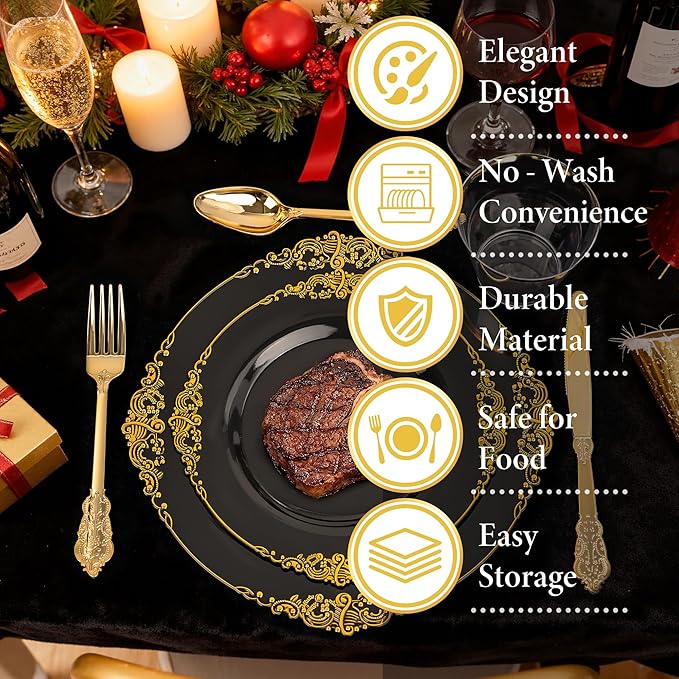 Nervure 350PCS Black Plastic Plates - Black Plastic Dinnerware Sets for 50 Guests - 100 Disposable Plates, 150 Gold Silverware, 50 Cups, 50 Napkins for Wedding & Party & Halloween