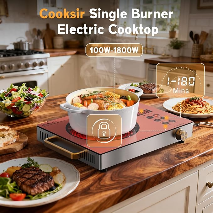 Single Burner Electric Cooktop - 110V 1800W Portable One Burner Hot Plate, Countertop Electric Stove top for Home, Camping, RV, Timer, Child Lock, Steam, BBQ, Stir Fry, 120V Plug in (Orange)