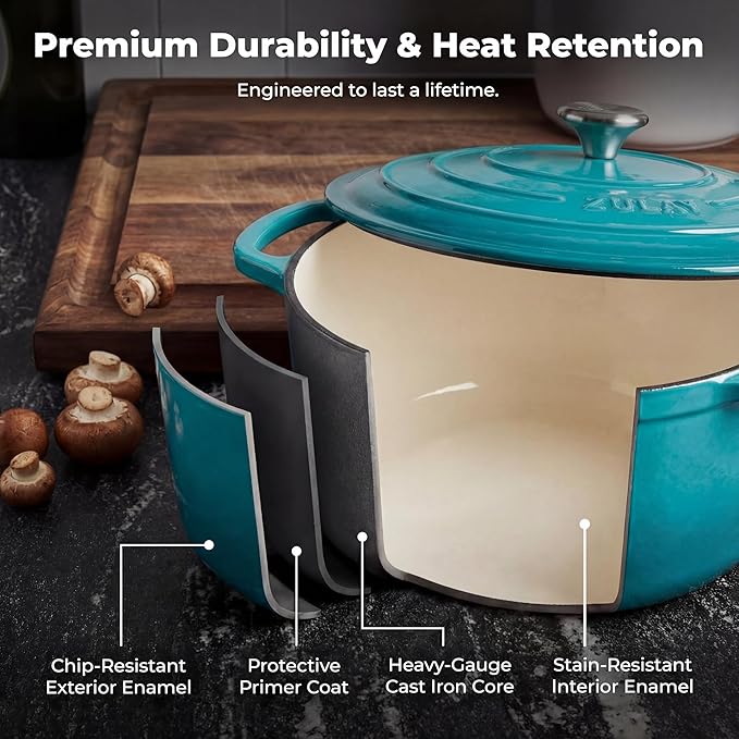 Zulay Kitchen 5 Quart Enameled Cast Iron Dutch Oven Pot with Lid – Premium Durability & Oven Safe up to 500°F – Heavy Duty Cookware Perfect for Bread Baking, Stews, Braising & Roasting – Light Blue