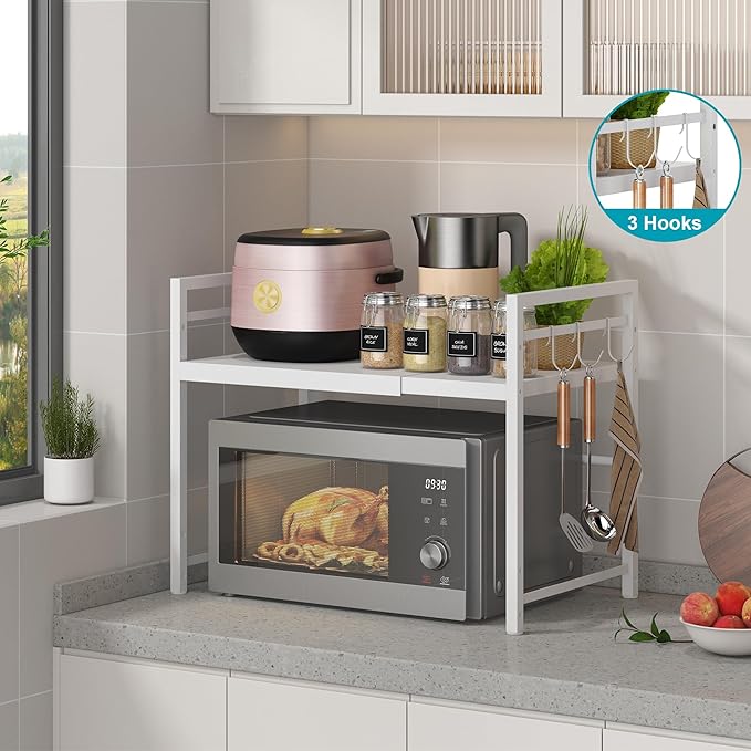 DOLALIKE Microwave Oven Rack, Expandable Microwave Stand Kitchen Countertop Organizer Utensils Storage, Carbon Steel Over Microwave Shelf with 3 Hooks (White, 2 Tier)
