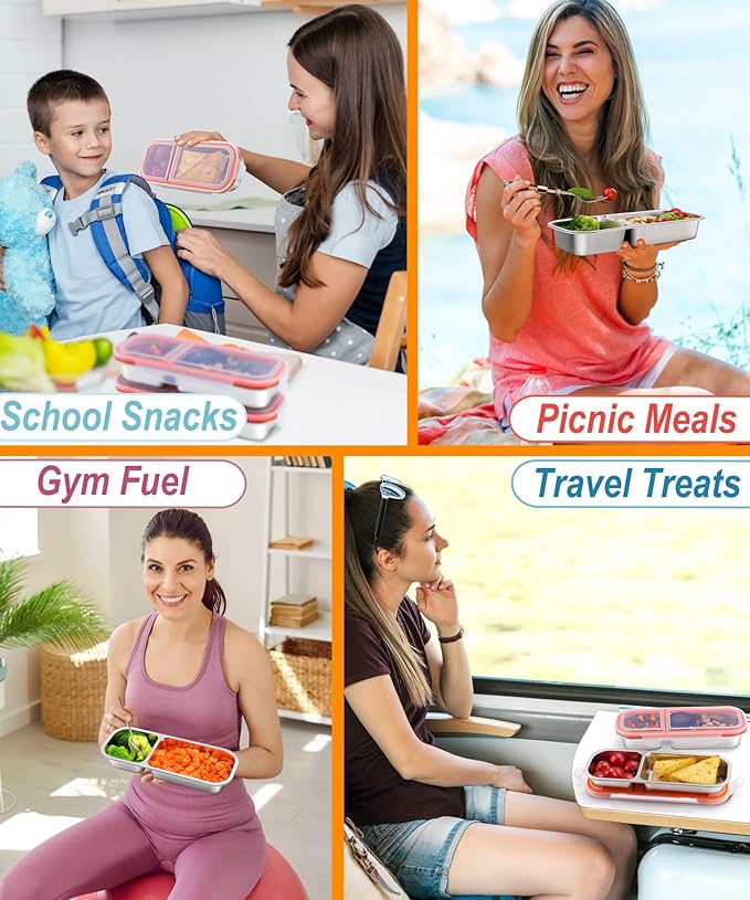 KTKUDY 3 Pack Stainless Steel Snack Containers for Kids & Adults - Large - Leak-Proof 2-Compartment Stackable Snack Lunch Boxes for Daycare, School, Work & Travel