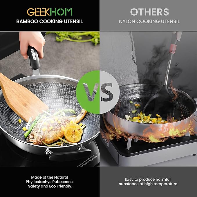 GEEKHOM Bamboo Spatulas for Nonstick Cookware, 13 Inch Wooden Kitchen Utensils, 2 Pack Wooden Spatula for Cooking, Slotted Wok Turners, Flipper for Pancake, Fish, Egg