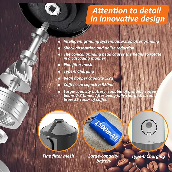 Portable Electric Coffee Grinder and Brewing Kit, Rechargeable, Conical Burr Mini Coffee Grinder with Filter, 32g Capacity & Coffee Cup for Camping, Travel, Office, Espresso, Pour Over, etc (White)