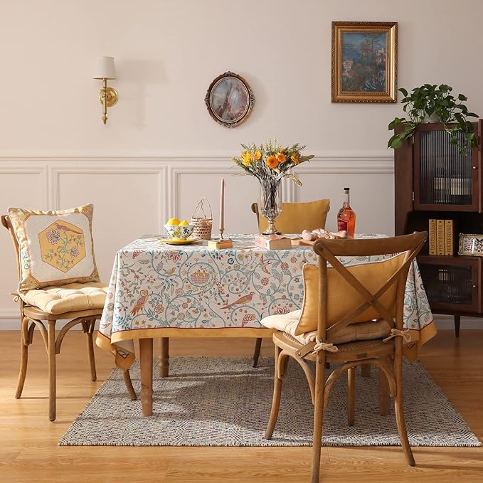 patdrea Designer French Tablecloth for Rectangle Table,Floral Birds Pattern Linen Table Cloth,Fall Yellow Decorative Cover for Kitchen Dining Banquet,Christmas,Thanksgiving,55"x87"-Magnolia