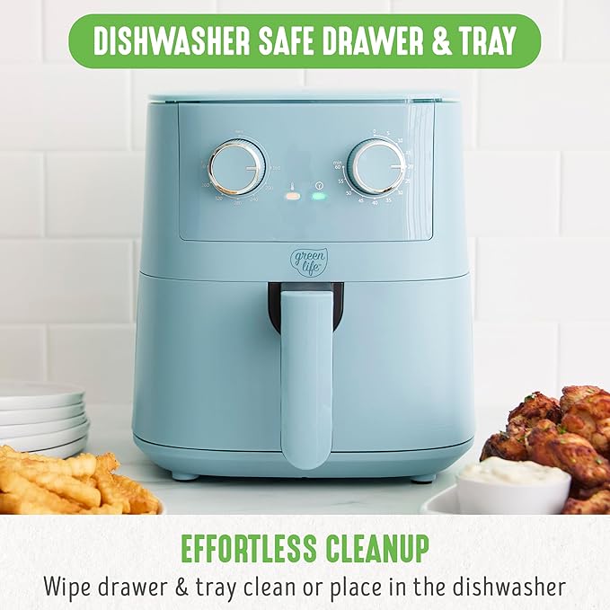 GreenLife 4.5QT Air Fryer, Mechanical Dial Controls, PFAS-Free Ceramic Nonstick Drawer, Adjustable Temp & Timer, LED Indicator, Oil-Less Cooking, Dishwasher Safe, Compact Family Size, Blue