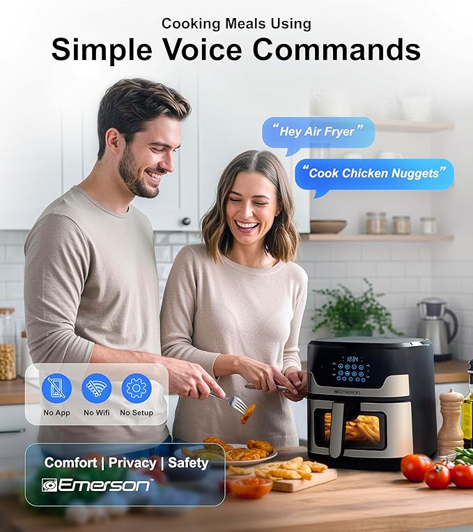 Emerson SmartVoice 5.3QT Air Fryer, 1000+ Voice Commands, 6-in-1 Digital Cooker, Compact Countertop Design, Oil-Free Healthy Cooking, Easy-Clean Nonstick Basket, 1500W