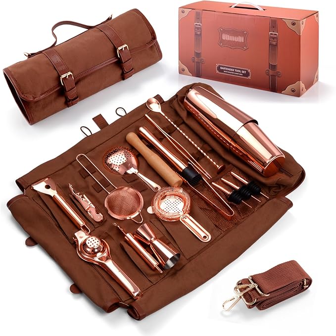 Bartender Kit Bag, 17-Piece Copper Bar Tool Set Cocktail Shaker Set with All Practical Bar Accessories, Portable Travel Cocktail Set with Shoulder Strap for Bartenders, Parties, Camping Trips