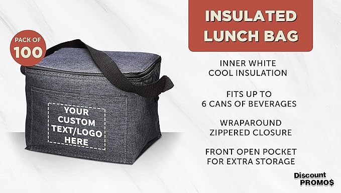 Custom Insulated Cooler Lunch Bag Set of 100, Personalized Bulk Pack - Perfect for Work, Travel, Outdoor Events - Black