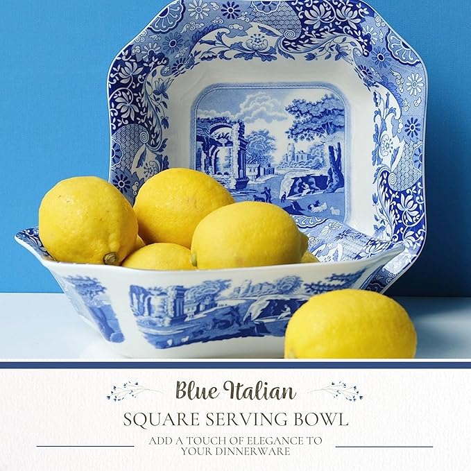 Spode Blue Italian 9.5-Inch Serving Bowl - Elegant Porcelain Tableware for Vegetables, Main Dishes, Entrees, Sides, Salads - Mix & Match Blue Patterned Rim with Dinnerware Sets, Great for Hosting