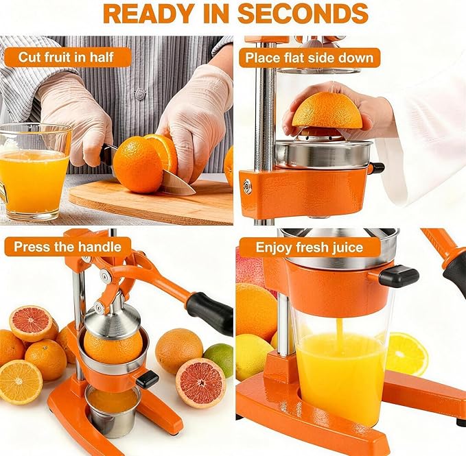 Cast Iron Citrus Juicer - 13.8LB Heavy Duty Manual Orange Press, 304 Stainless Steel Cup & Strainer, Professional Lemon Grapefruit Pomegranate Squeezer for Home Bar Kitchen, Orange