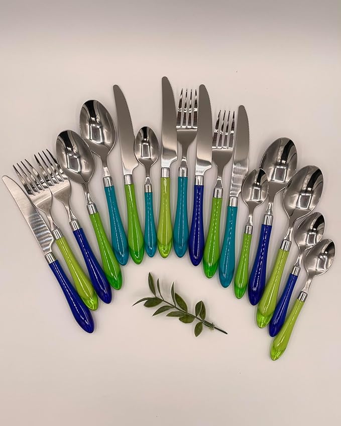 The Original Brink House Sea Blue Green Mix & Match Stainless Steel Cutlery Set with Translucent Handles / 16 pieces with Metal Stand/Lifestyle utensils set for home, apartment, dorm, outdoor events