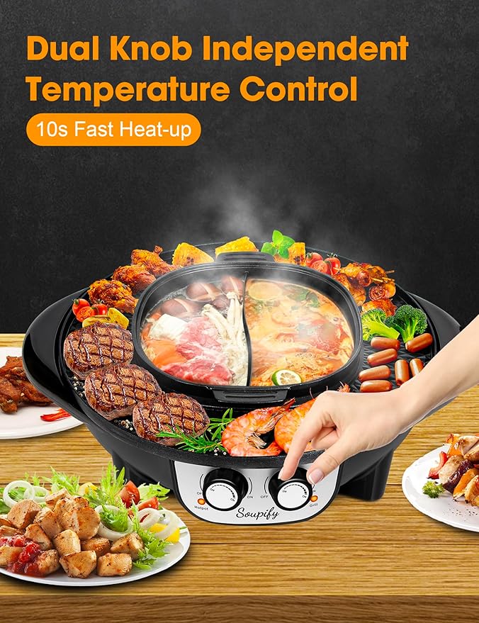 2 in 1 Hot Pot with Grill, Electric Korean BBQ Grill, Independent Dual Temperature Control & Non-stick Pan, Multi-function Smokeless Barbecue Grill for Family and Friends Gathering