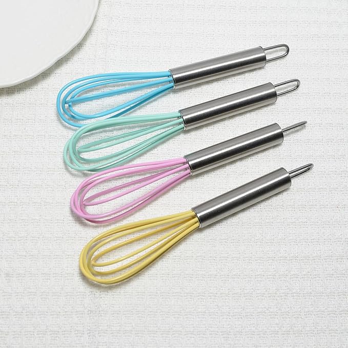 Mini Whisks 6 inch 4Pcs silica gel stainless steel Whisk, Hand Egg Mixer for Flour Cake Egg, Kitchen Cooking Baking Use Whisk （purple，yellow，cyan，blue）