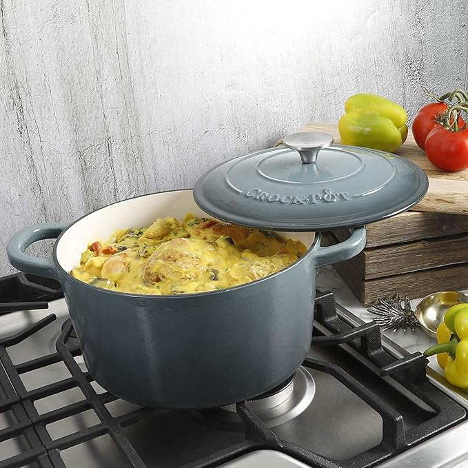 Crock Pot Artisan 5-Quart Round Enameled Cast Iron Dutch Oven – Slate Gray, Heavy-Duty Cookware for Slow Cooking, Roasting, Baking with Lid