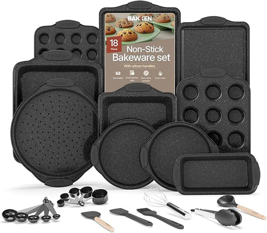 BAKKENMASTER 18-Piece Kitchen Oven Baking Set: Nonstick Gray Marble Coating, Carbon Steel Bakeware, Silicone Handles, Dishwasher Safe, Professional Quality, PFOA-Free