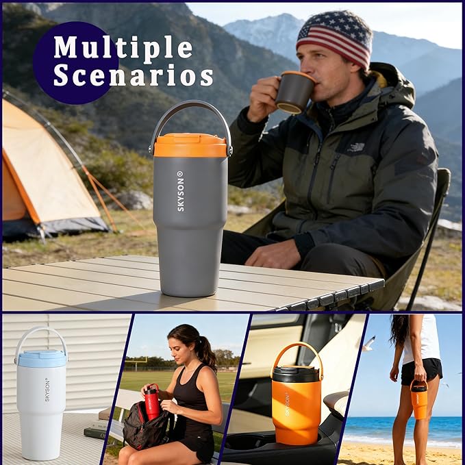 minkah Fast Extraction Mini Electric Coffee Maker - Portable Filter Coffee Brewer for Travel,Insulated Stainless Steel Tumbler,30 oz Reusable Iced Coffee Cup Machine,Hot Coffee Mug with Lid (Grey)