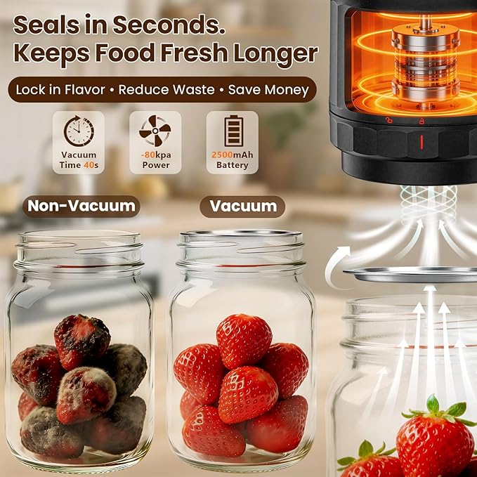 M11 Electric Mason Jar Vacuum Sealer Kit - with Wide and Regular Mouth Mason Lids, Jar Vacuum Sealer for Canning Jars, Vacuum Sealing Machine for Food Storage Black